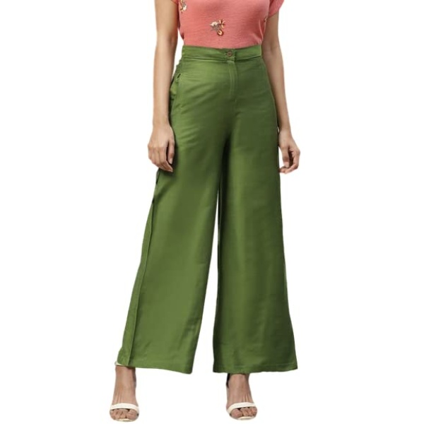 Women Green Smart Flared Self Design Parallel Trousers Office Use