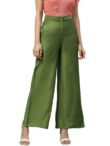 Women Green Smart Flared Self Design Parallel Trousers Office Use